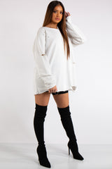 Thalia White Longline Distressed Sweatshirt