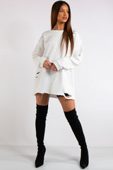 Thalia White Longline Distressed Sweatshirt