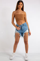 Adele Camel Knitted Sweetheart Bardot Top