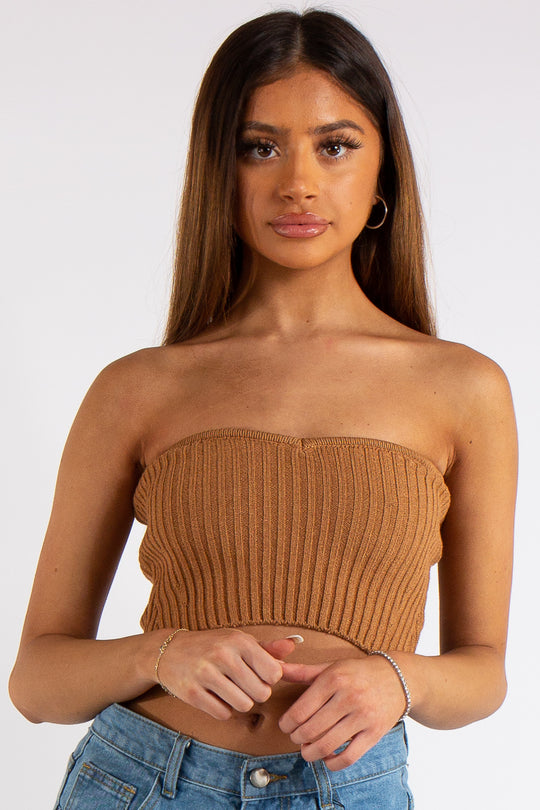 Adele Camel Knitted Sweetheart Bandeau Top