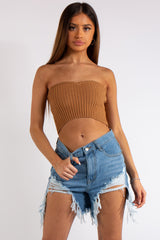 Adele Camel Knitted Sweetheart Bardot Top