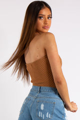 Adele Camel Knitted Sweetheart Bardot Top