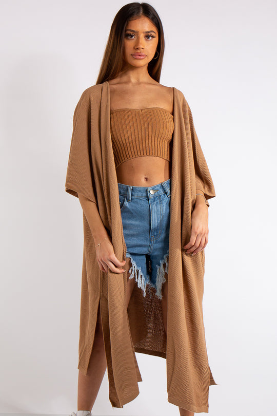 Keyla Camel Oversized Longline Thin Knit Cardigan