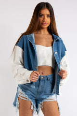 Raina Blue Denim & Jersey Sleeve Combo Frayed Denim Jacket