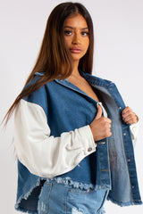 Raina Blue Denim & Jersey Sleeve Combo Frayed Denim Jacket