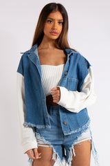 Raina Blue Denim & Jersey Sleeve Combo Frayed Denim Jacket