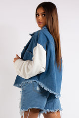 Raina Blue Denim & Jersey Sleeve Combo Frayed Denim Jacket