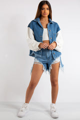 Raina Blue Denim & Jersey Sleeve Combo Frayed Denim Jacket