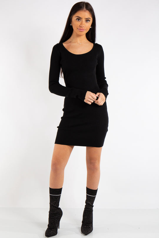 Arielle Black Knit Ribbed Crossover Back Dress