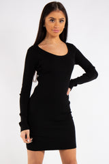 Arielle Black Knit Ribbed Crossover Back Dress