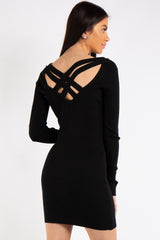 Arielle Black Knit Ribbed Crossover Back Dress