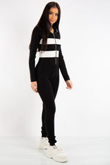 Phoebe Black Block Ribbed Hooded Jumpsuit