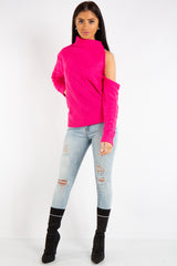 Kylee Neon Pink One Shoulder Cable Knit Jumper