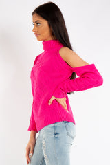 Kylee Neon Pink One Shoulder Cable Knit Jumper