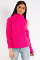 Kylee Neon Pink One Shoulder Cable Knit Jumper