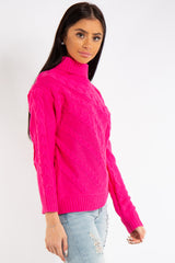 Kylee Neon Pink One Shoulder Cable Knit Jumper
