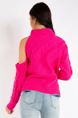 Kylee Neon Pink One Shoulder Cable Knit Jumper