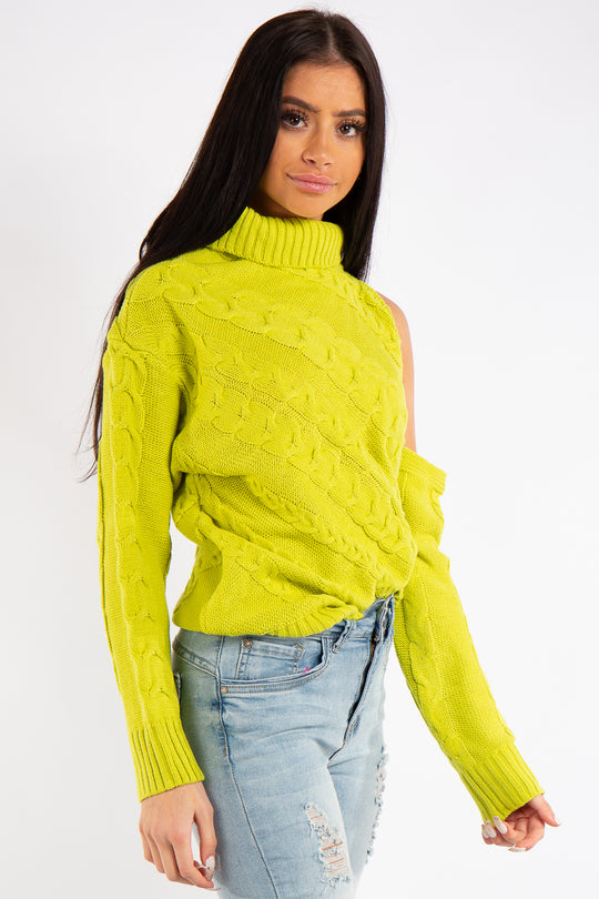 Kylee Neon Lime One Shoulder Cable Knit Jumper
