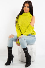 Kylee Neon Lime One Shoulder Cable Knit Jumper